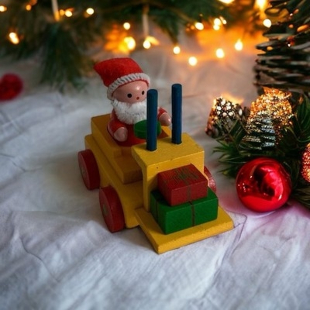 Vintage Wood Mini Santa Train Christmas Decoration Multicolor 3.25x2.75" VG